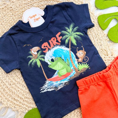 Conj. Camiseta Surf e Bermuda - Marinho e Laranja
